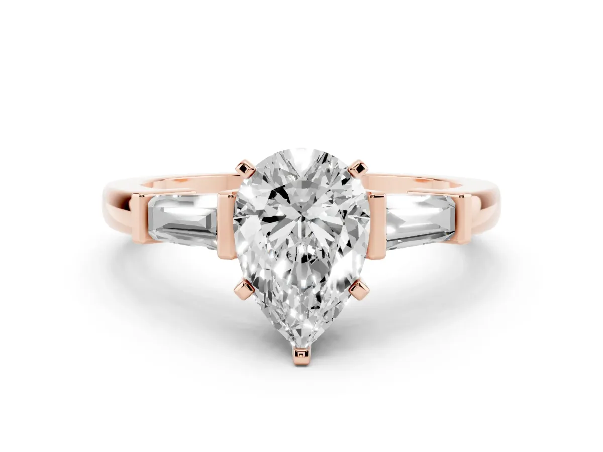 Pear Cut Cut Diamond Solitaire Ring with Tapered Baguette Accents and Four-Prong Setting Rose gold