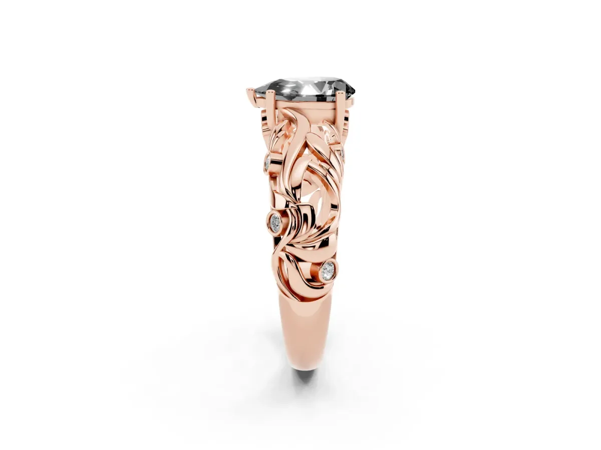 Fancy Black Pear Cut Solitaire Diamond Leaf-Inspired Vine Band Ring with Prong Setting Rose gold
