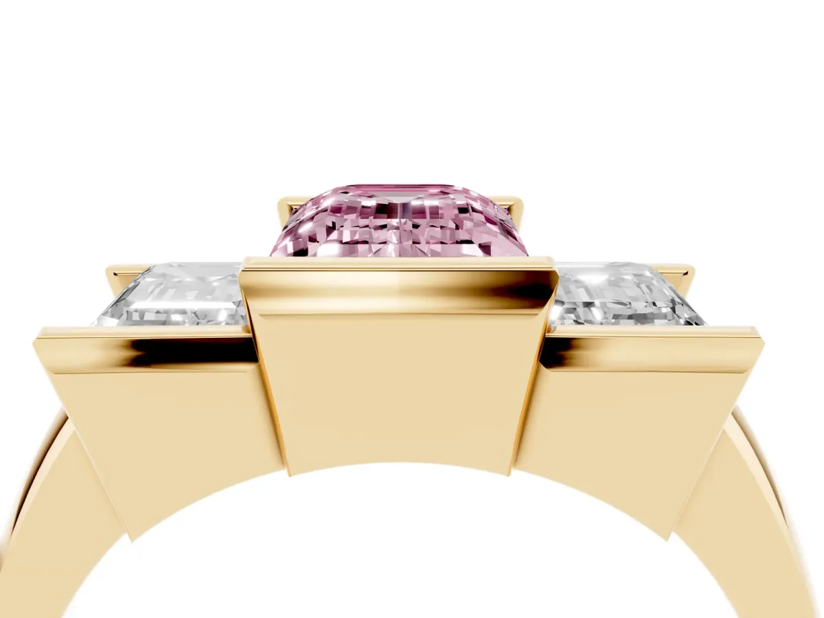 Fancy Pink Three Stone Emerald Cut Cut Channel Set Diamond Ring Yellow gold