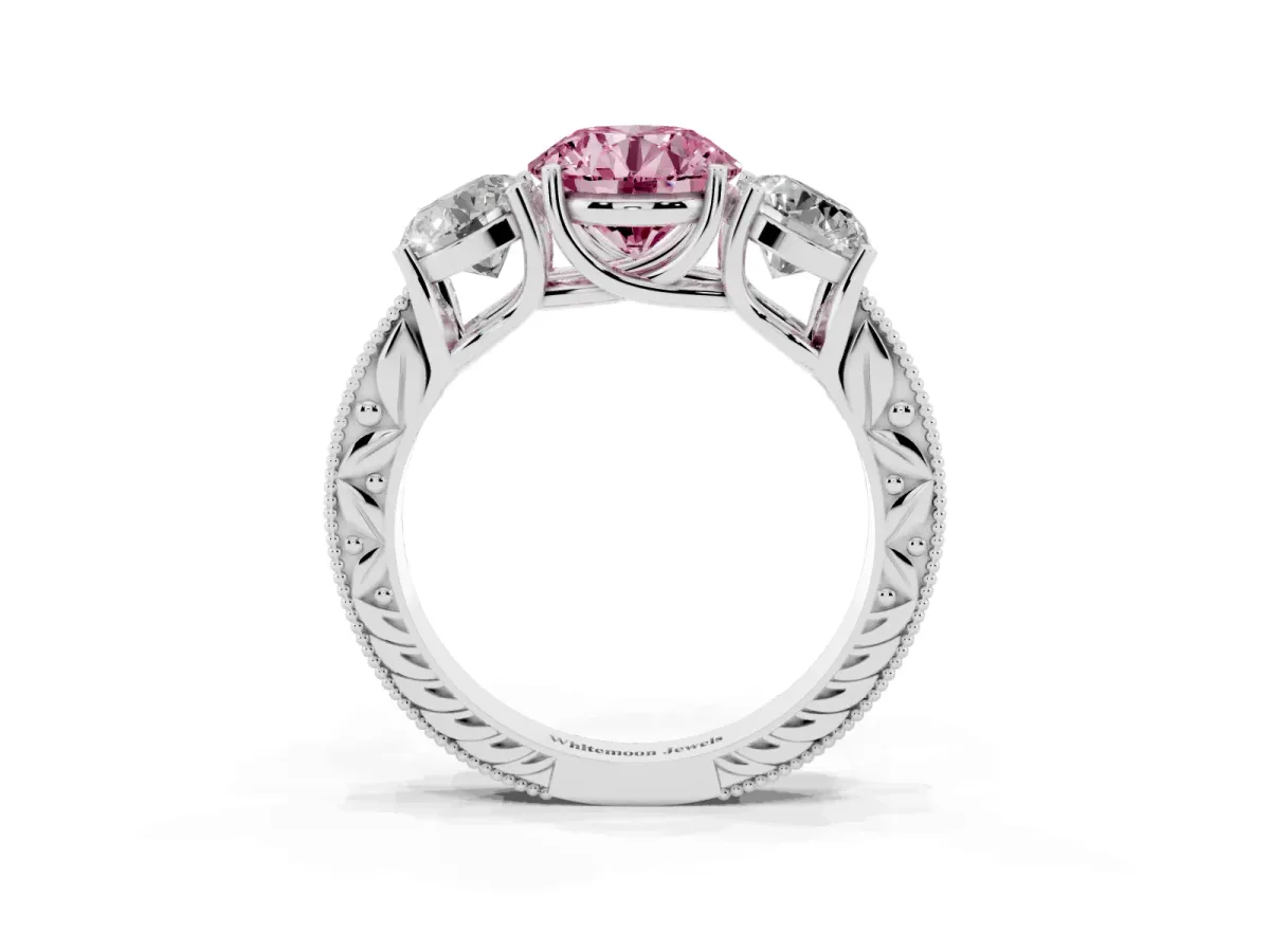 Fancy Pink Three-Stone Round Cut Cut Milgrain Pavé Engagement Ring Silver