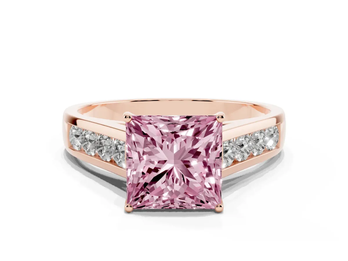 Fancy Pink Princess Cut Solitaire Channel-Set Diamond Engagement Ring with Four-Prong Setting Rose gold