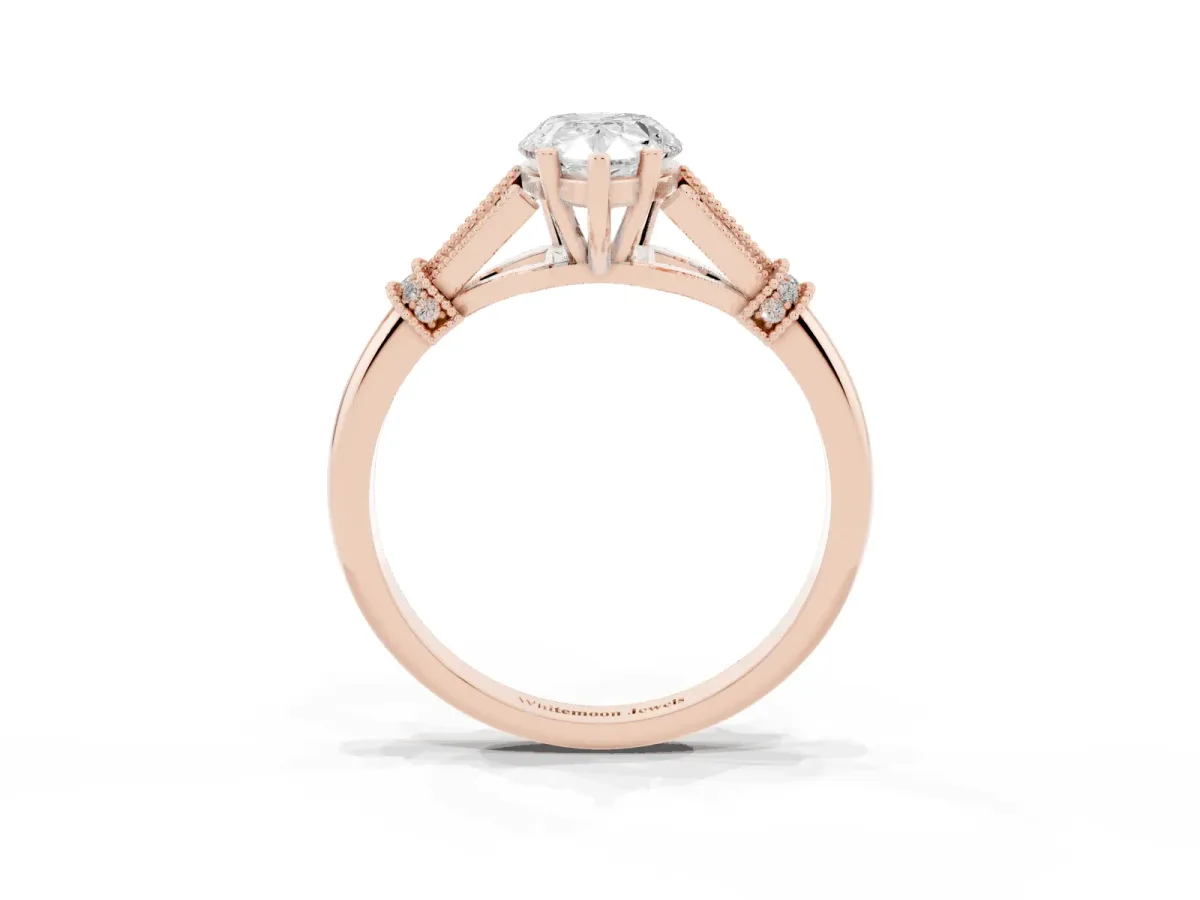Pear Cut Diamond Solitaire Ring with Floral Filigree and Pave Accents Rose gold
