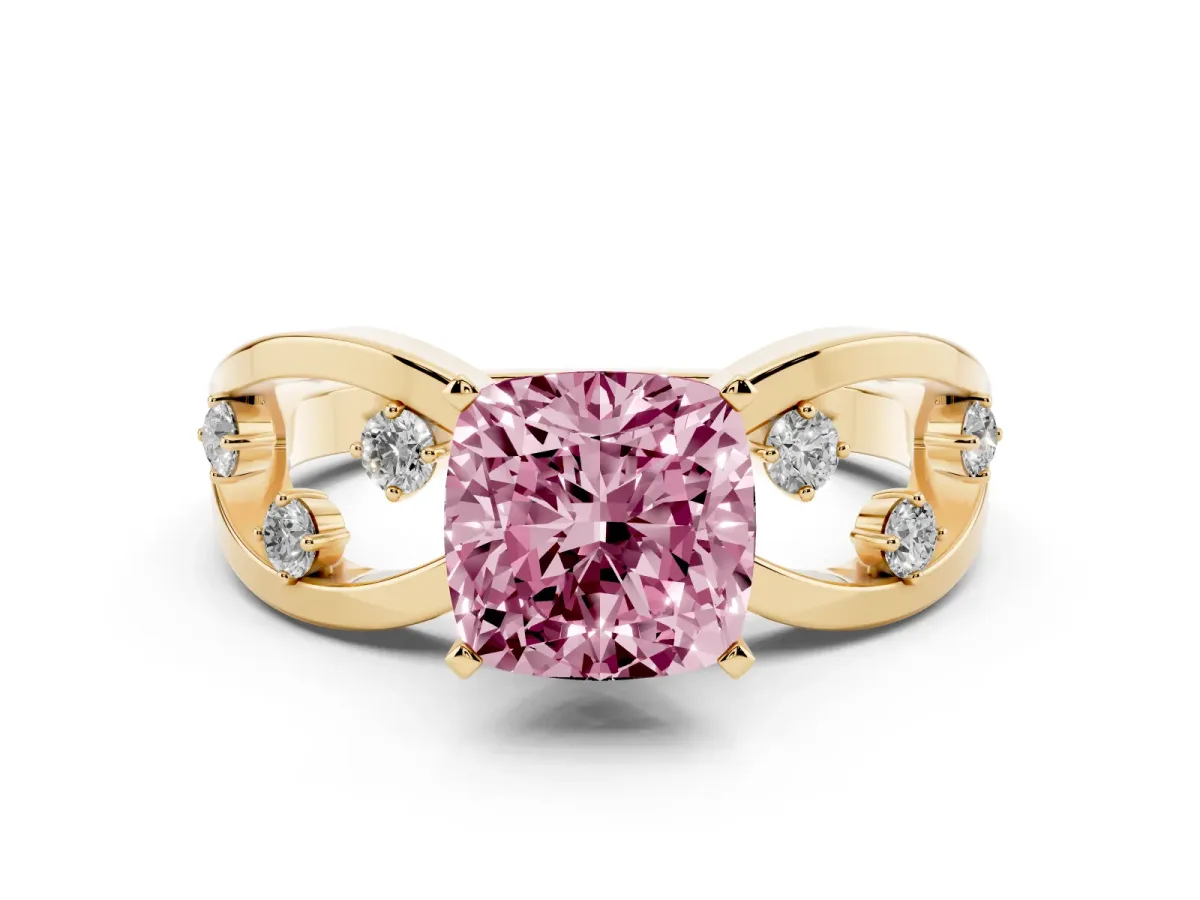 Fancy Pink Cushion Cut Cut Solitaire Diamond with Side Stones on Criss-Cross Band and Four-Prong Setting Yellow gold
