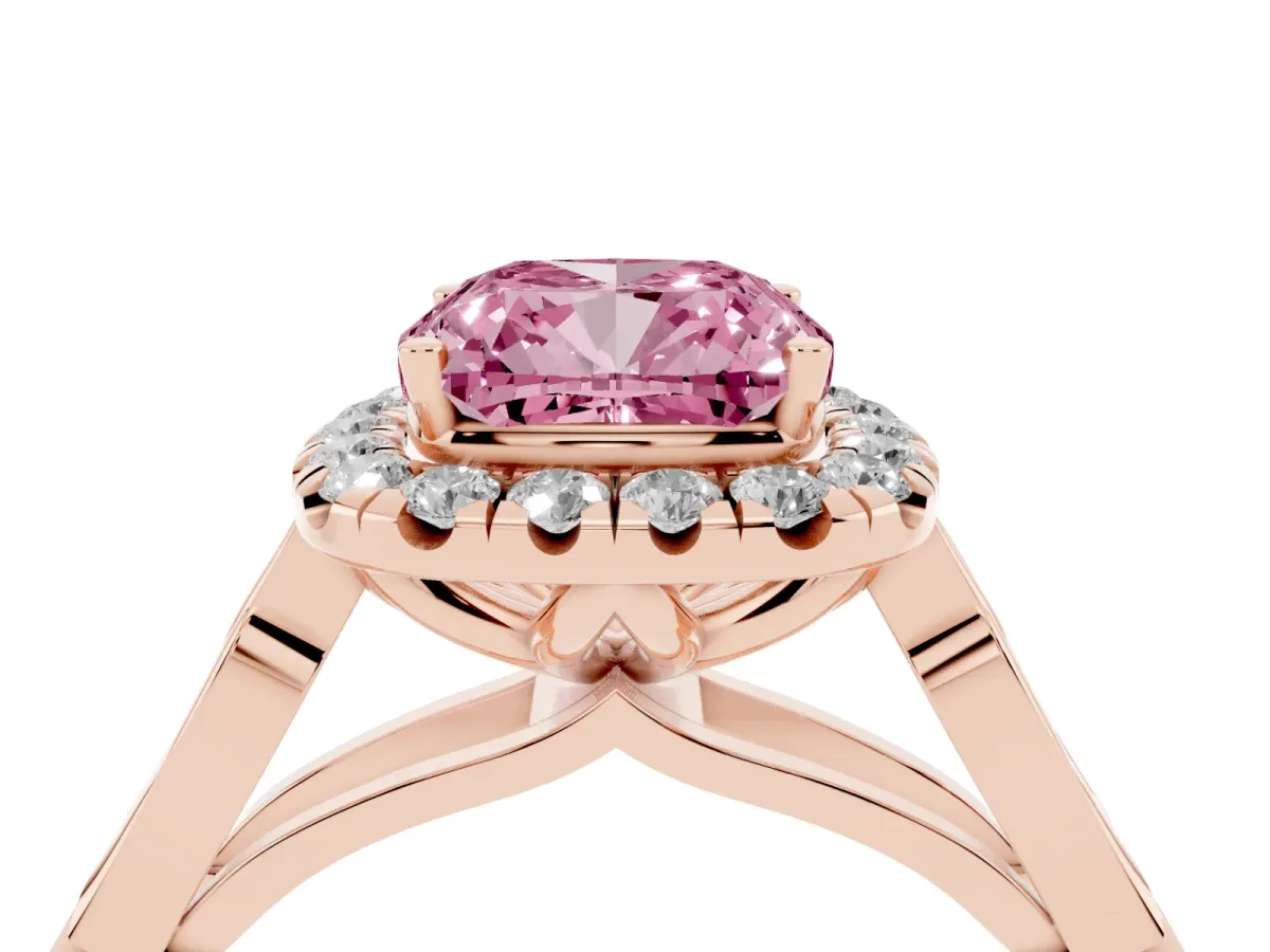 Fancy Pink Cushion Cut Halo Diamond Engagement Ring with Filigree Band and Four-Prong Setting Rose gold