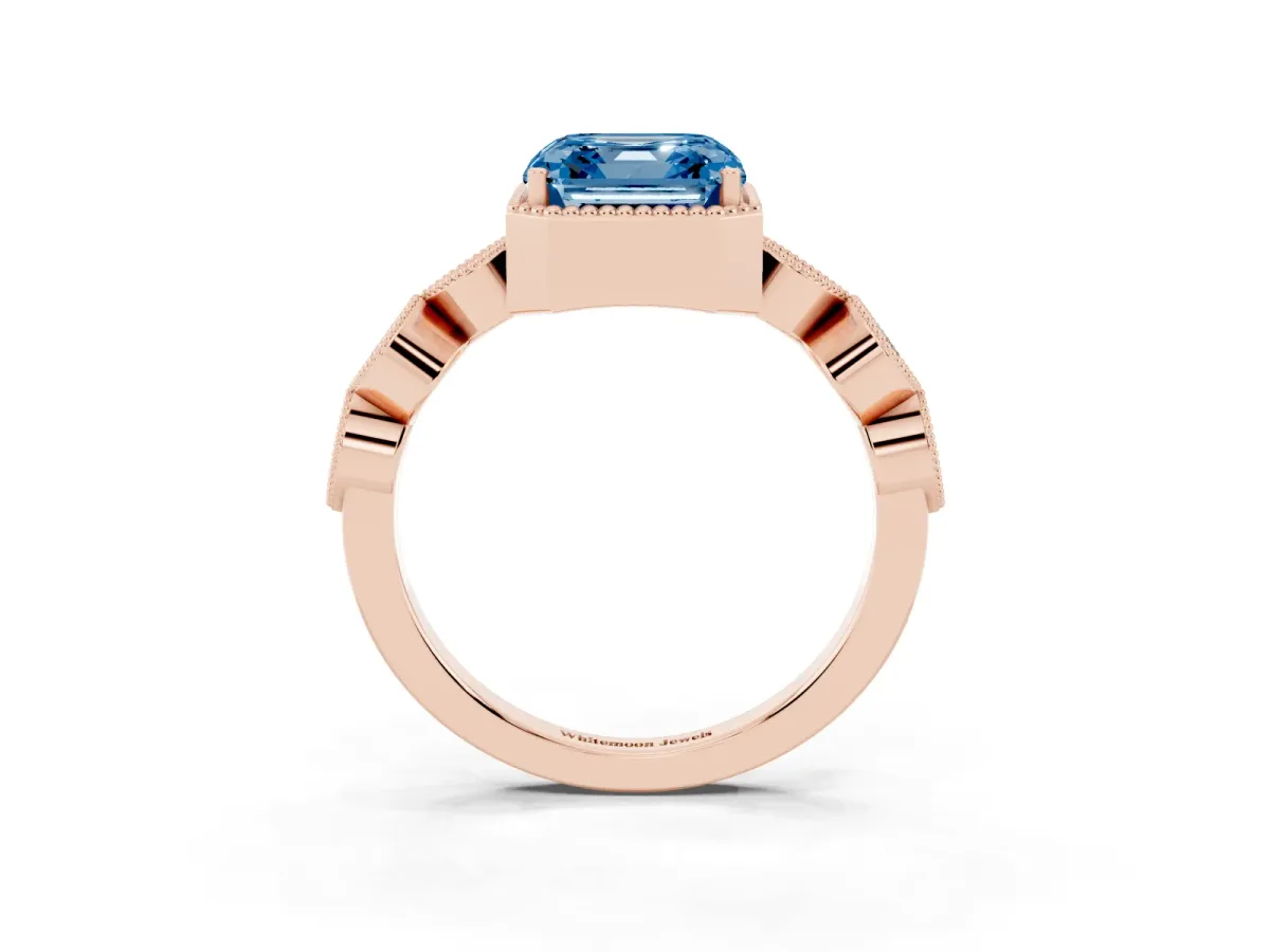 Fancy Blue Asscher Cut Diamond Vintage Milgrain Ring with Round Stations Rose gold