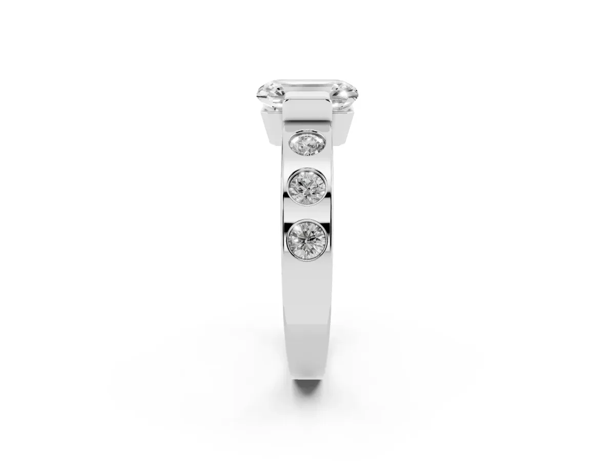 Emerald Cut Brilliant Channel-Set Diamond Ring with Bezel Prong Setting Silver