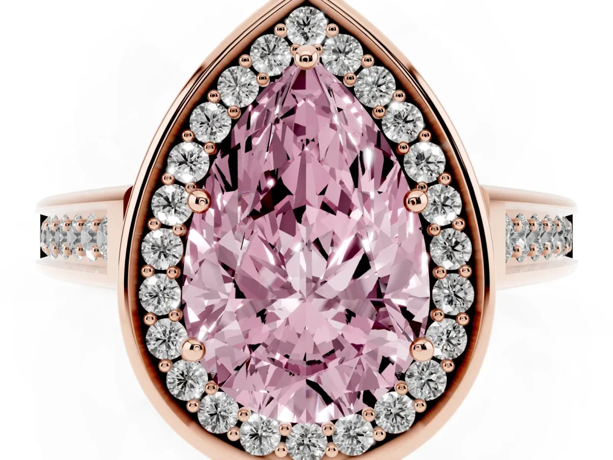 Fancy Pink Pear Cut Halo Solitaire Diamond Ring with Pave Band and Bezel Setting Rose gold