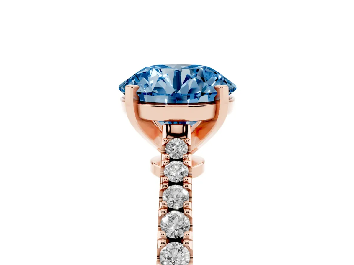 Fancy Blue Round Cut Cut Solitaire Diamond Engagement Ring with Pave Band and Four-Prong Setting Rose gold