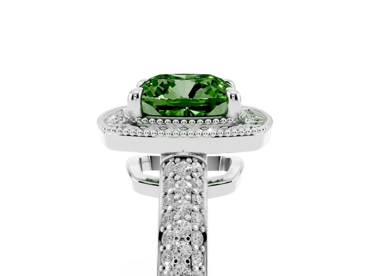 Fancy Green Cushion Cut Cut Halo Diamond Pave Band with Four-Prong Setting Silver