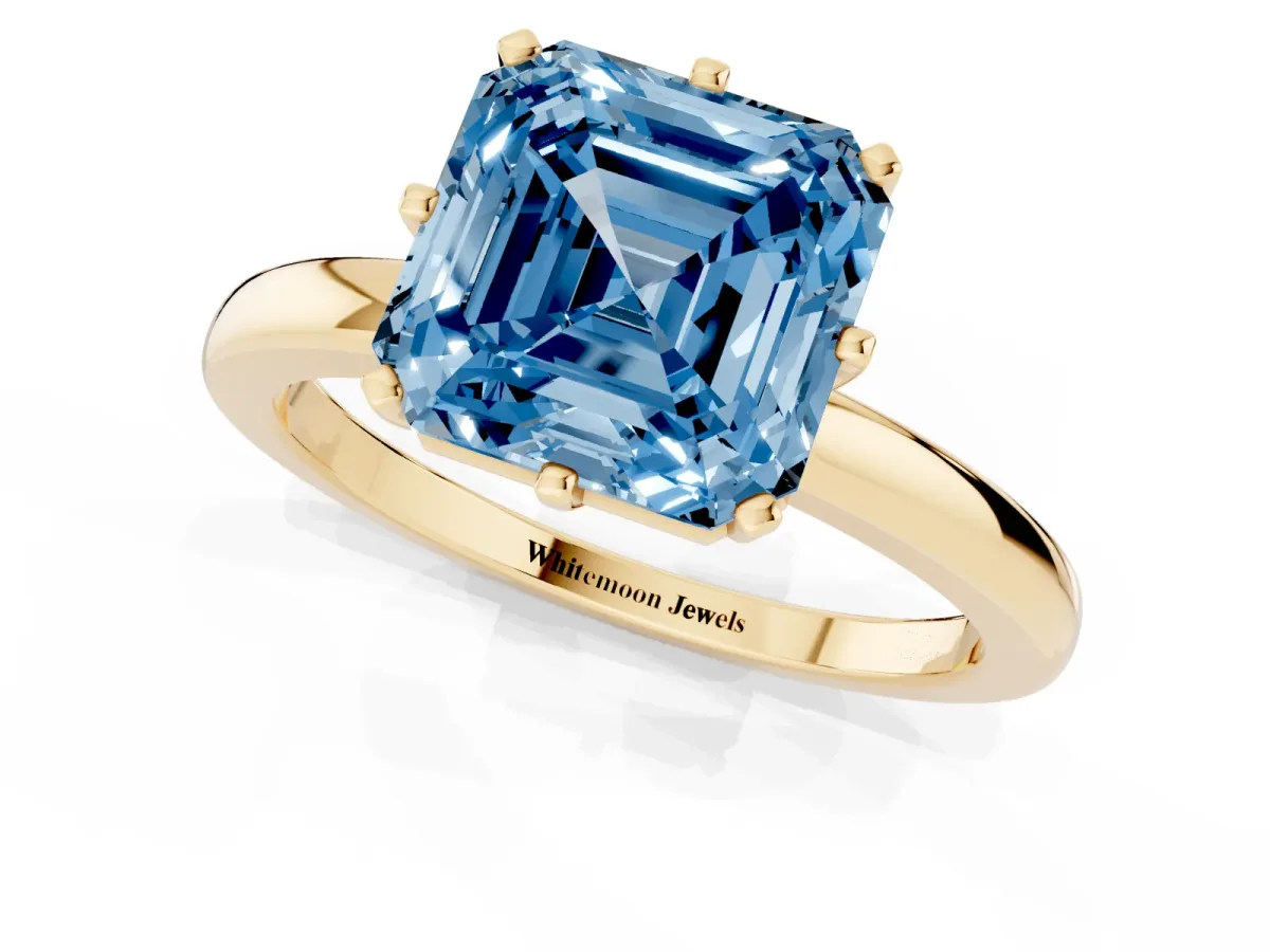Fancy Blue Asscher Cut Solitaire Diamond Ring with Six-Prong Setting on a Classic Band Yellow gold