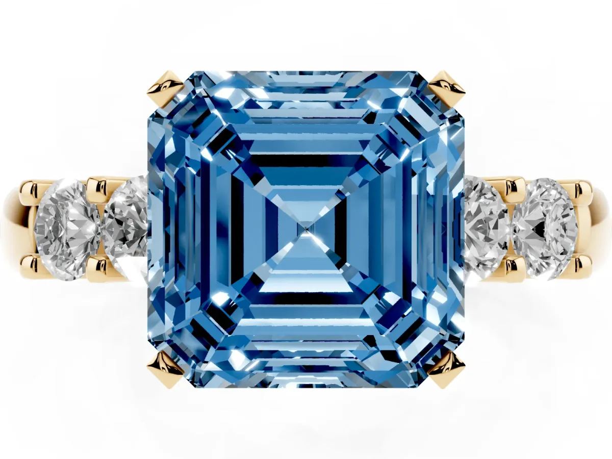 Fancy Blue Asscher Cut Brilliant Cut Diamond Five-Stone Prong Set Engagement Ring with Channel Band Yellow gold