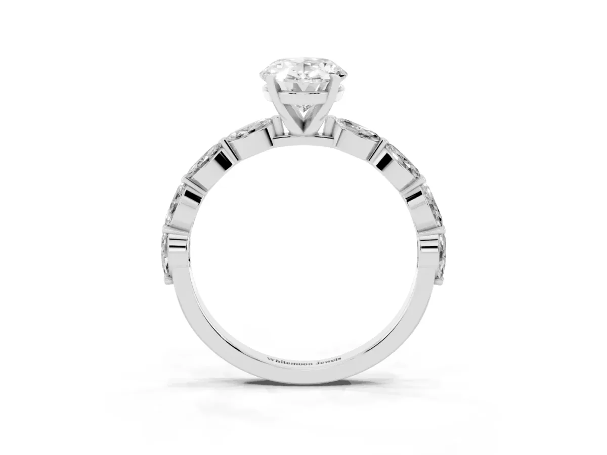 Oval Cut Diamond Ring with Marquise Side Stones and Prong Setting Silver