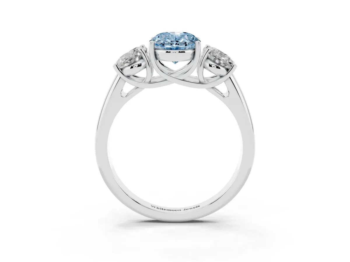 Fancy Blue Three-Stone Oval Cut Diamond Engagement Ring with Prong Setting Silver