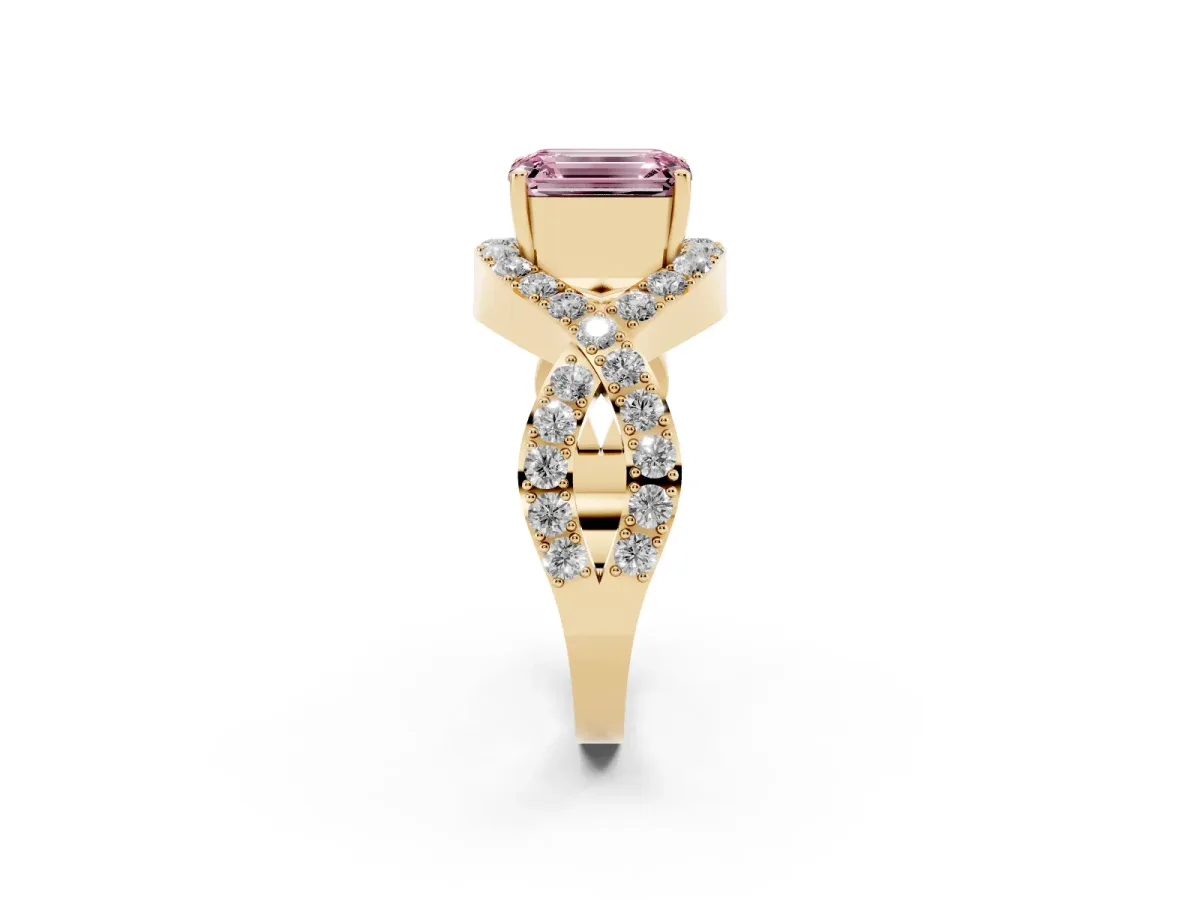 Fancy Pink Emerald Cut Solitaire Twist Band Pavé Diamond Engagement Ring Yellow gold
