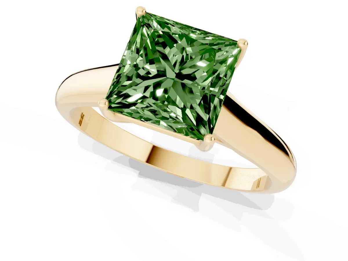 Fancy Green Princess Cut Solitaire Engagement Ring with Tapered Band and Four-Prong Setting Yellow gold