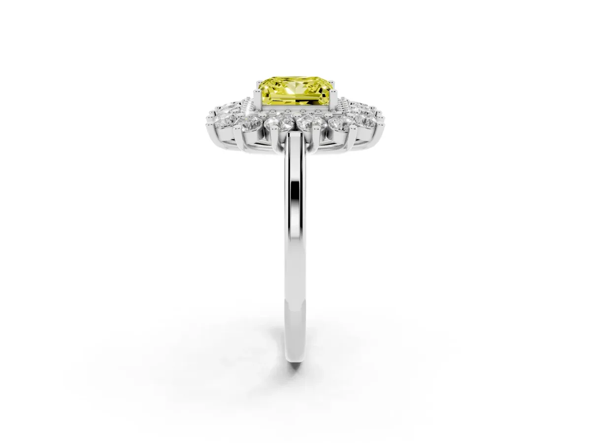 Fancy Yellow Princess Cut Diamond Floral Double Halo Engagement Ring with Prong Setting White gold