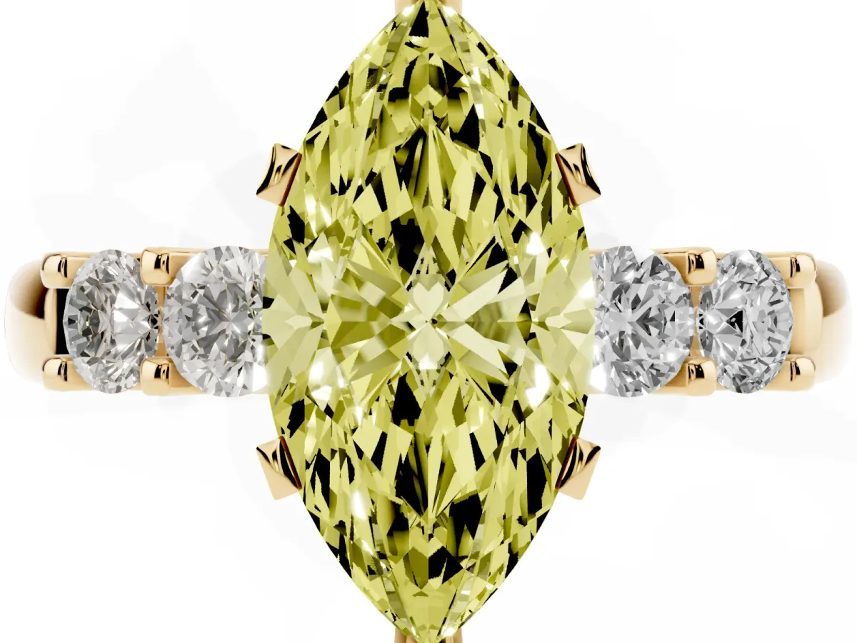 Fancy Yellow Marquise Cut Brilliant Cut Diamond Five-Stone Prong Set Engagement Ring with Channel Band Yellow gold