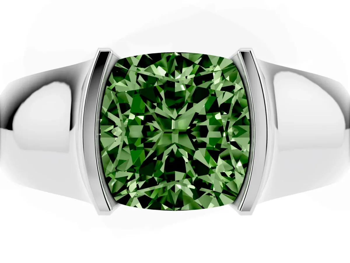 Fancy Green Cushion Cut Solitaire Bezel Set Diamond Ring with Wide Band Silver