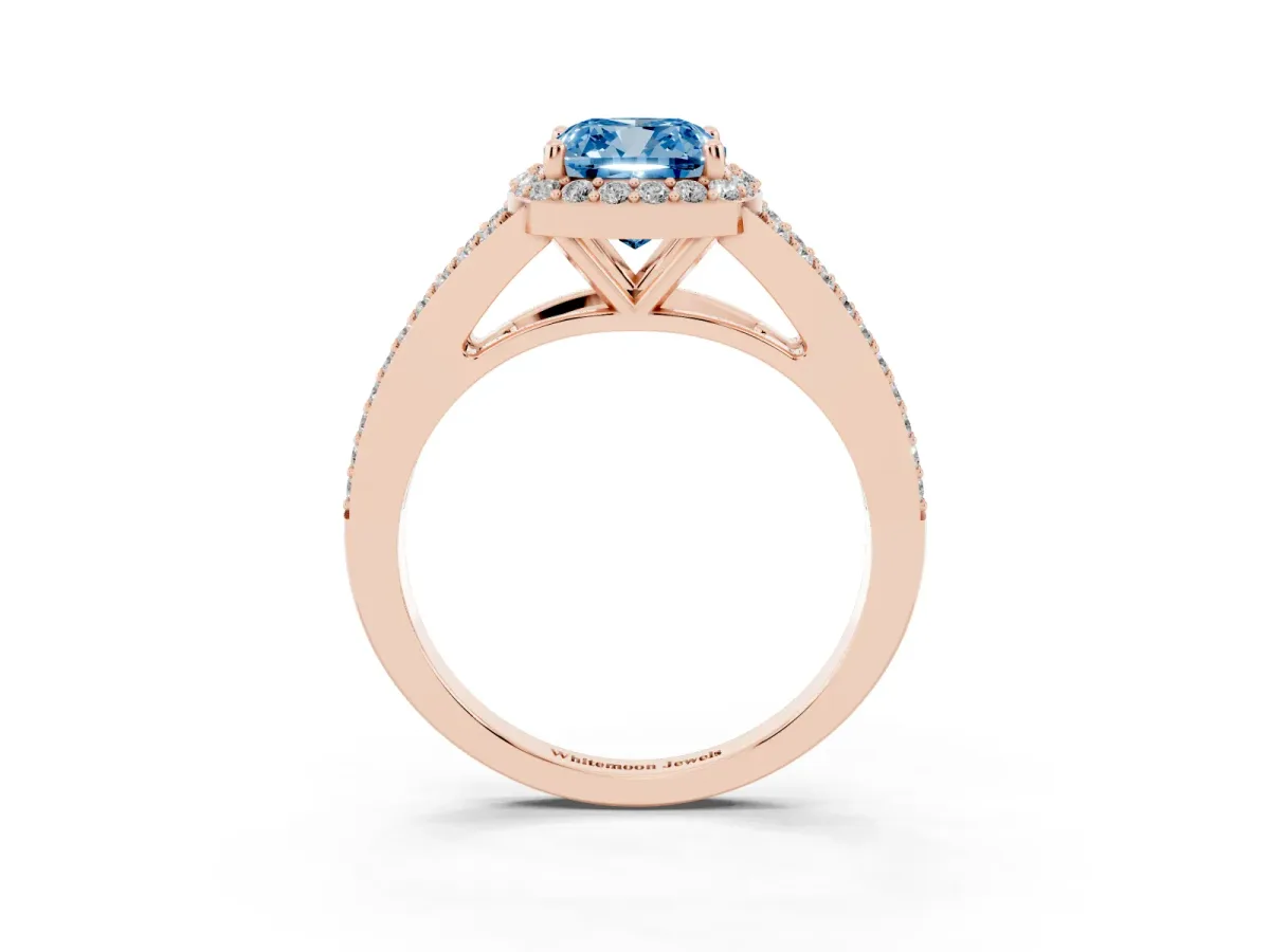 Fancy Blue Cushion Cut Halo Split Shank Pave Diamond Ring with Four-Prong Setting Rose gold