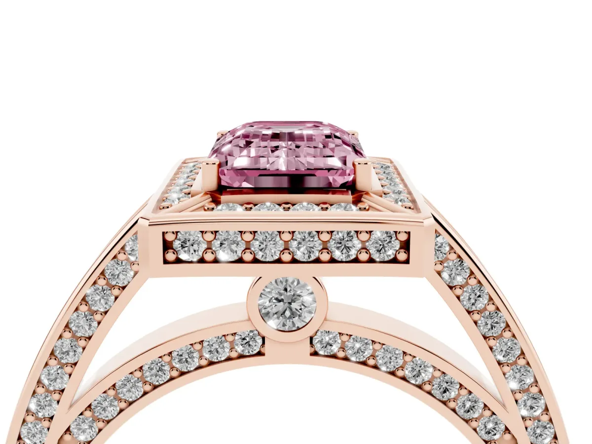 Fancy Pink Emerald Cut Cut Halo Pave Split Shank Prong Setting Ring Rose gold