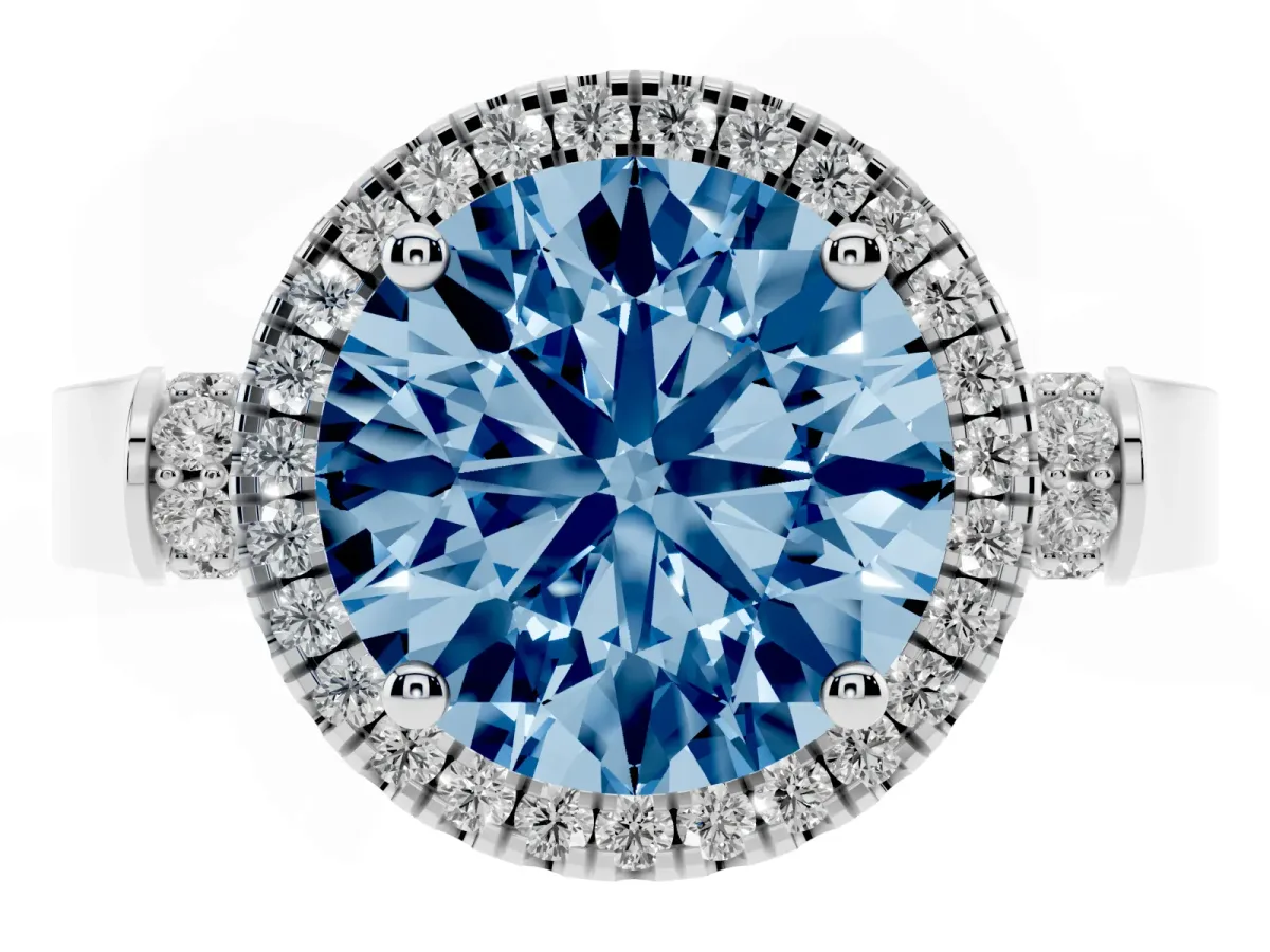 Fancy Blue Round Cut Halo Pave Split Shank Prong Setting Ring Silver