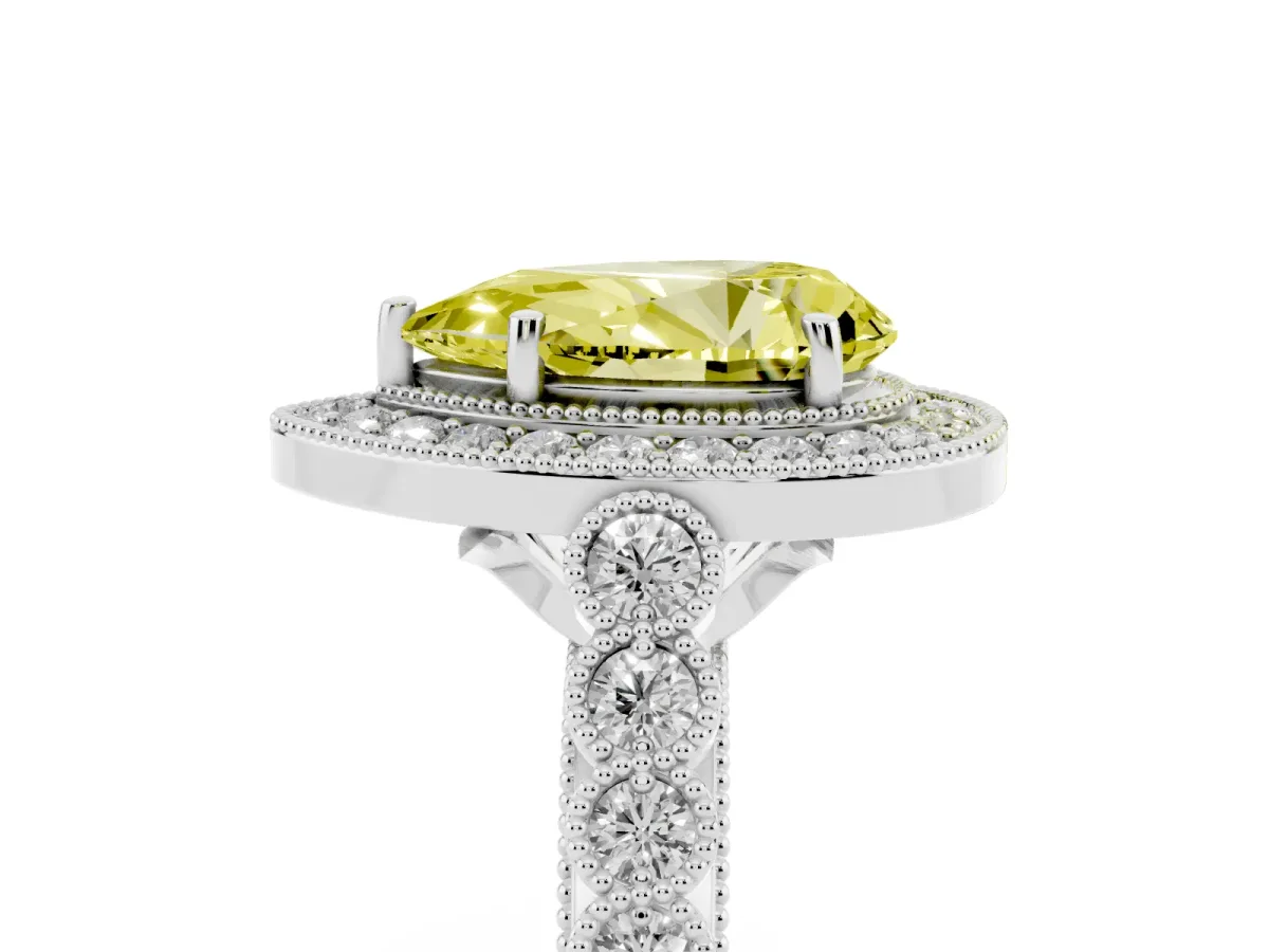 Fancy Yellow Pear Cut Halo Milgrain Solitaire with Bezel Set Side Stones and Pave Band Silver