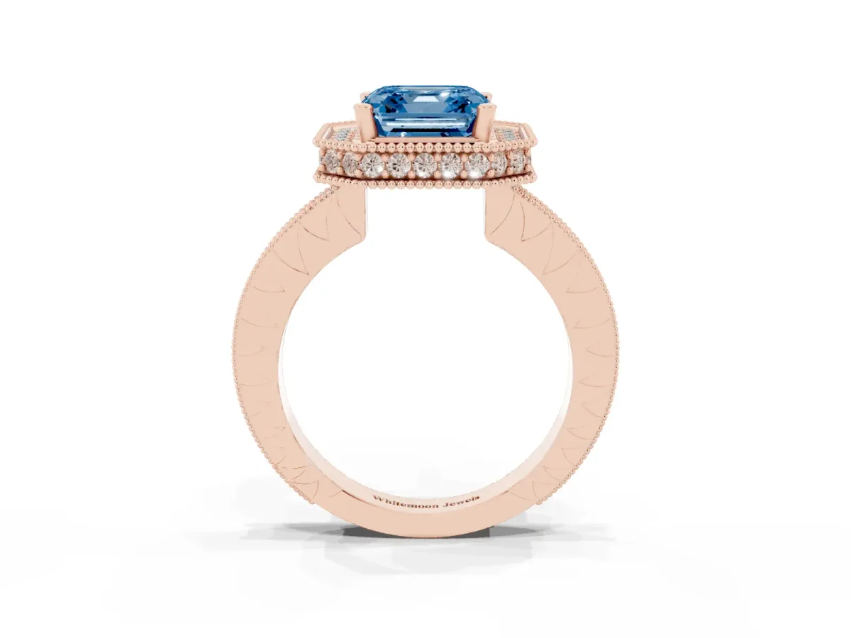 Fancy Blue Asscher Cut Diamond Milgrain Halo Engagement Ring with Round Pavé Band and Prong Setting Rose gold