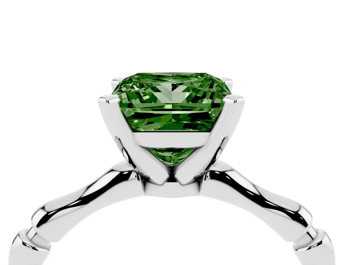 Fancy Green Princess Cut Solitaire Diamond Ring with Bamboo Band and Four-Prong Setting Silver