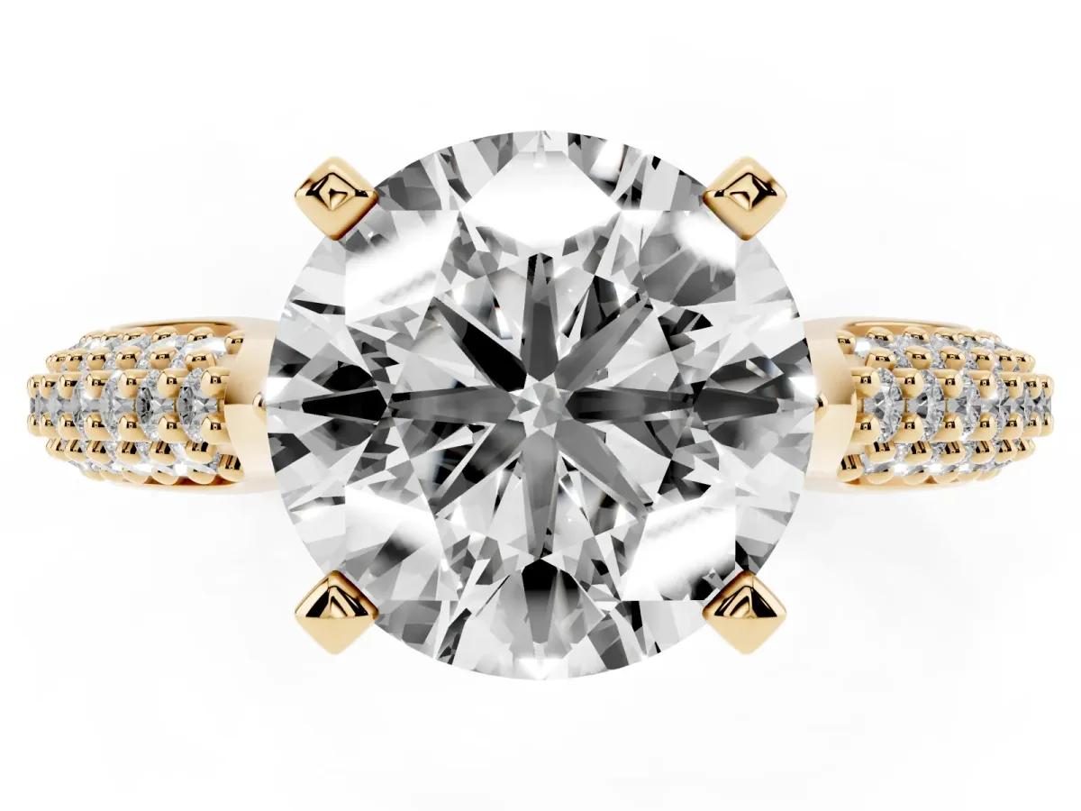 Round Cut Diamond Solitaire Engagement Ring with Multi-Row Round Pavé Band and Prong Setting Yellow gold