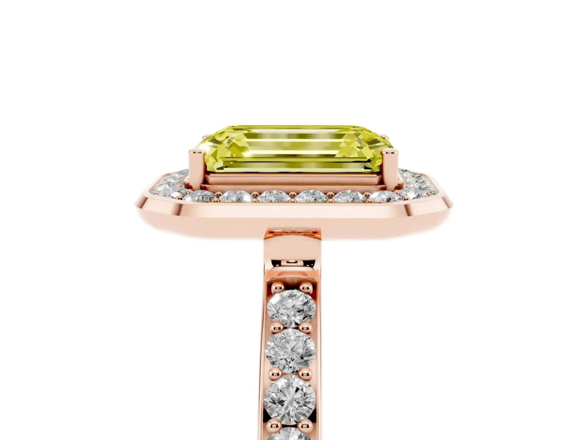 Fancy Yellow Emerald Cut Diamond Halo Ring with Bezel Frame and Pavé Band Rose gold