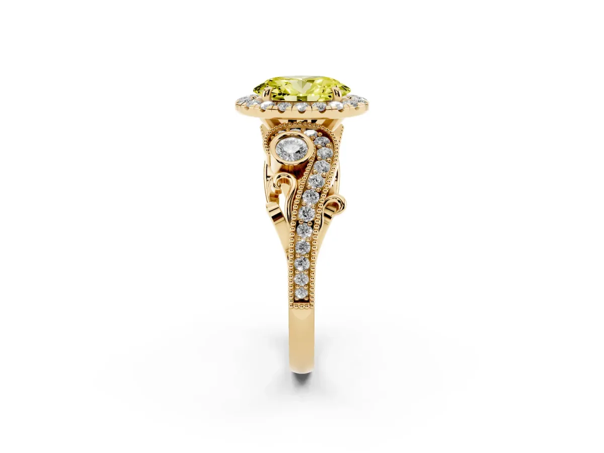 Fancy Yellow Oval Cut Halo Diamond Ring with Milgrain and Bezel Accents on a Split Shank Band Yellow gold