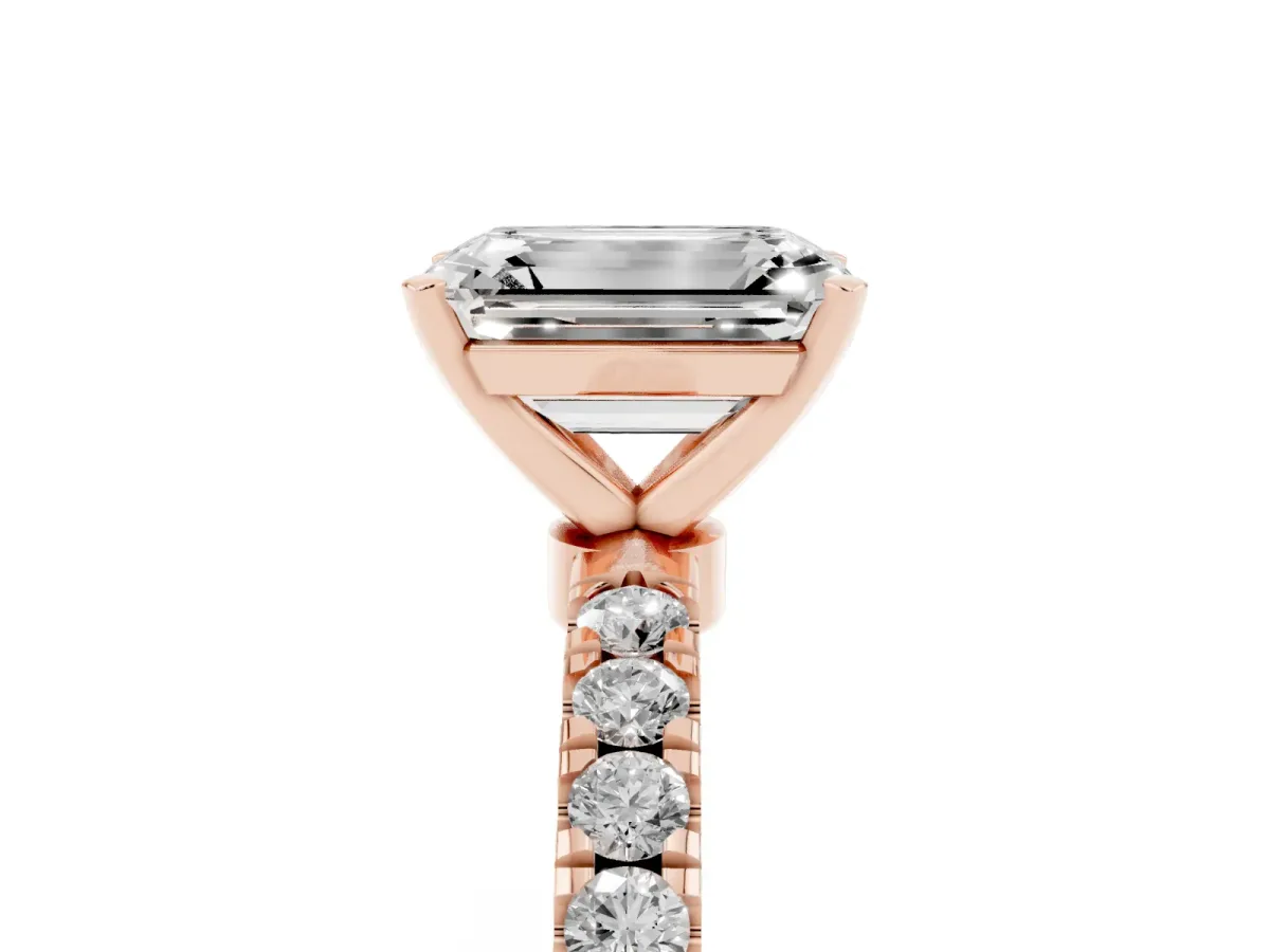 Emerald Cut Diamond Solitaire Ring with Pavé Accents and Four-Prong Setting Rose gold