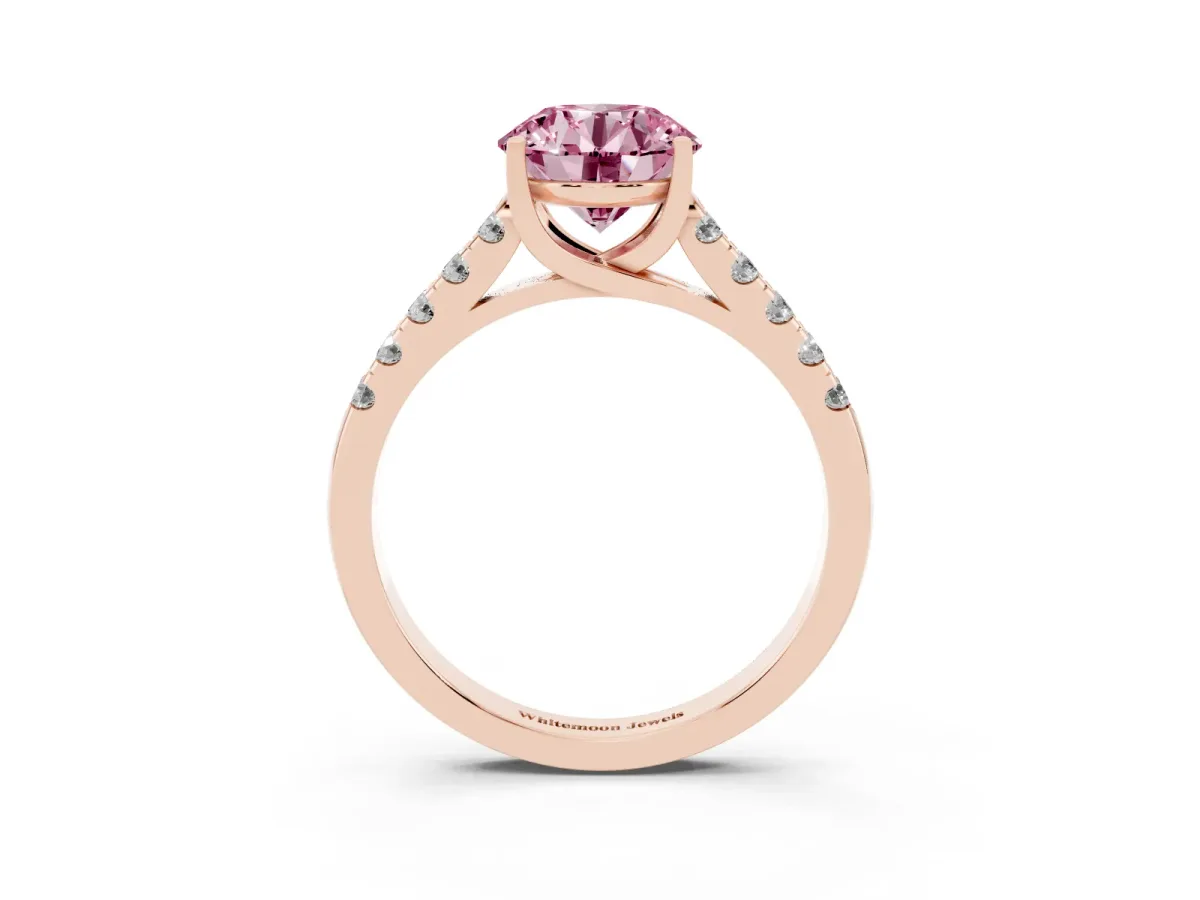 Fancy Pink Round Cut Diamond Pavé Band Solitaire Ring with Prong Setting Rose gold