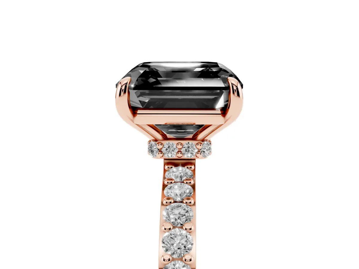 Fancy Black Asscher Cut Diamond Pavé Engagement Ring with Round Accents and Prong Setting Rose gold