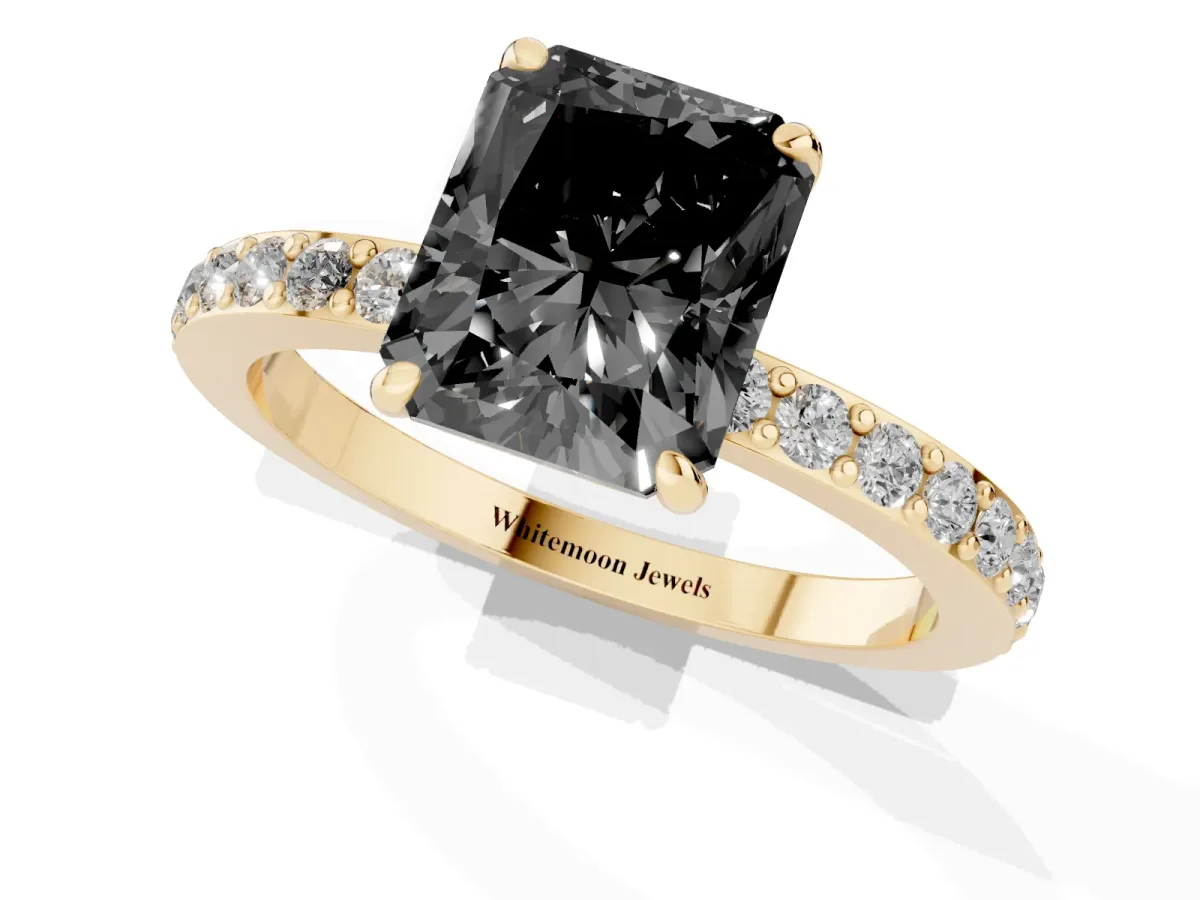 Fancy Black Radiant Cut Diamond Pavé Engagement Ring with Round Accents and Prong Setting Yellow gold