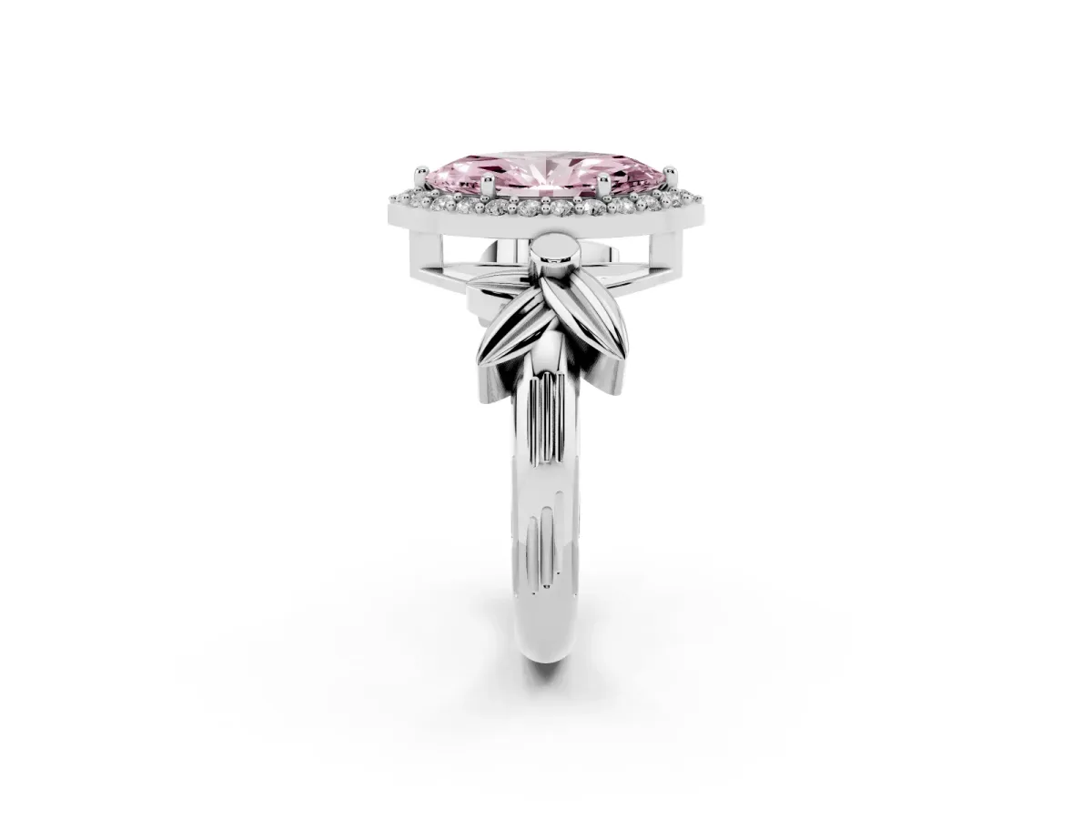 Fancy Pink Marquise Cut Halo Diamond Floral Band with Four-Prong Setting Silver
