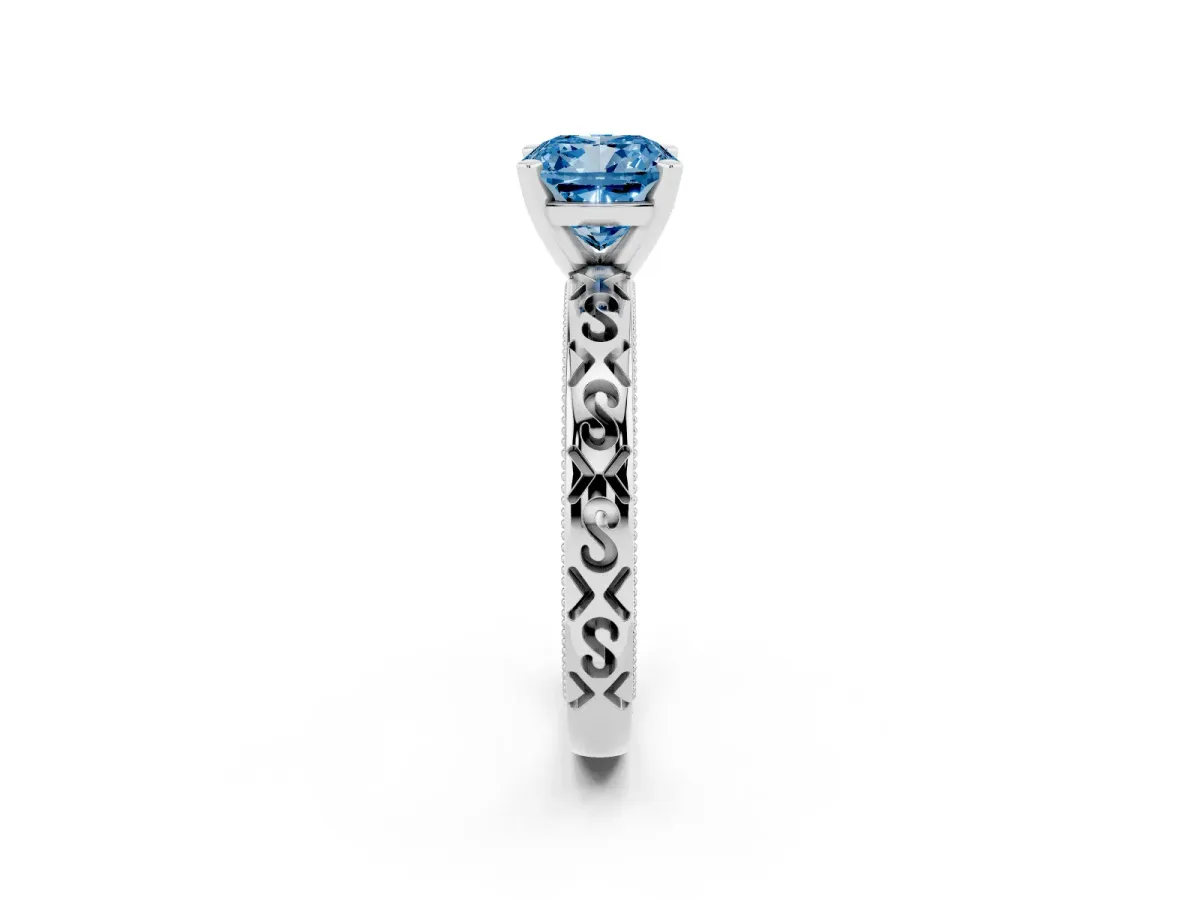 Fancy Blue Cushion Cut Solitaire Engagement Ring with Scrollwork Band and Four-Prong Setting Silver