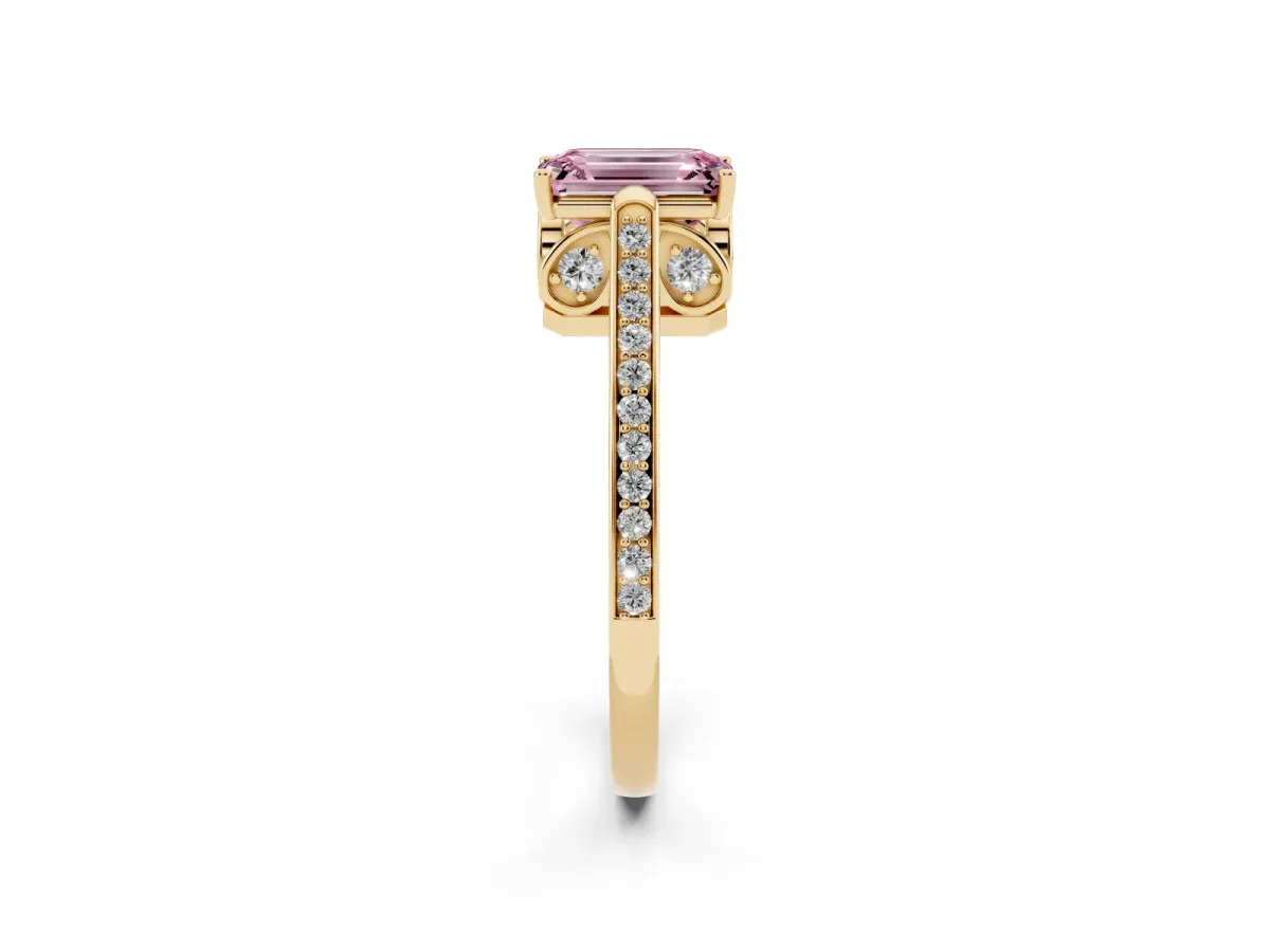 Fancy Pink Emerald Cut Cut Cathedral Pave Diamond Engagement Ring with Six-Prong Setting Yellow gold