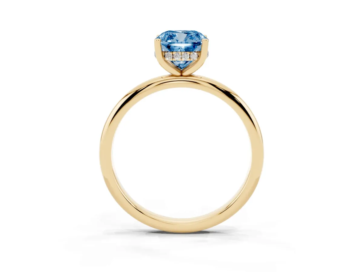 Fancy Blue Cushion Cut Cut Solitaire Engagement Ring with Four-Prong Setting and Classic Band Yellow gold
