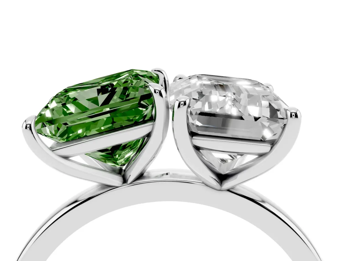 Fancy Green Princess Cut and Emerald Cut Toi Moi Ring with Prong Setting Silver