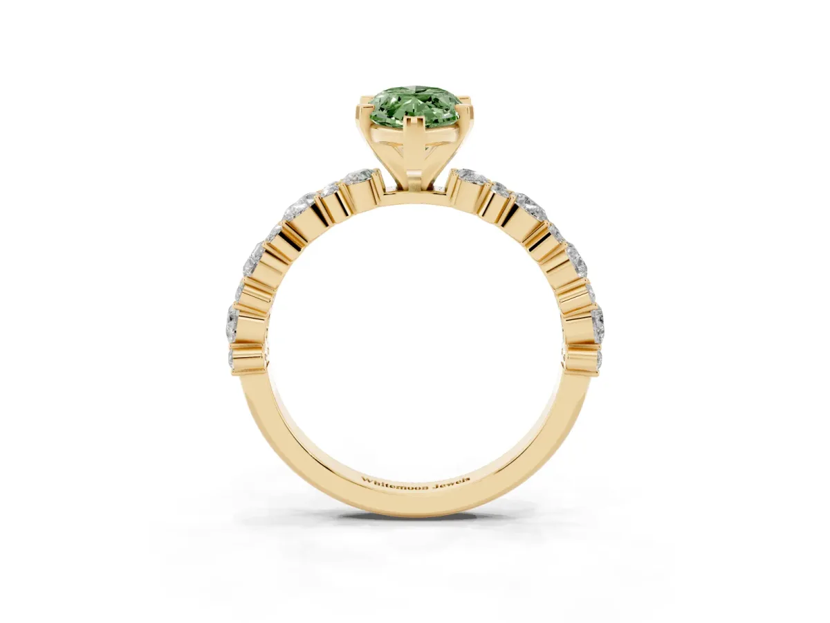 Fancy Green Marquise Cut Diamond Side Stone Solitaire Ring with Round and Four-Prong Setting Yellow gold