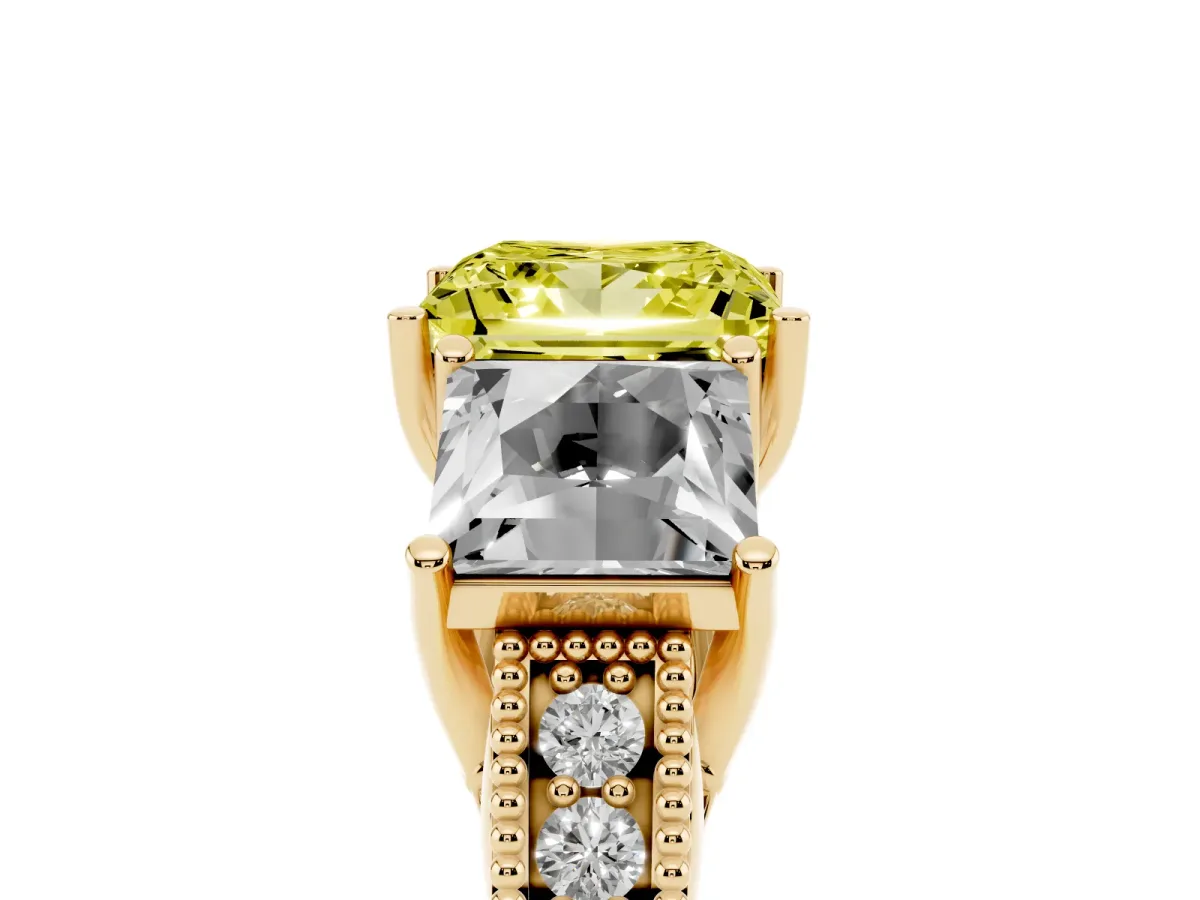 Fancy Yellow Three-Stone Princess Cut Cut Milgrain Pavé Engagement Ring Yellow gold
