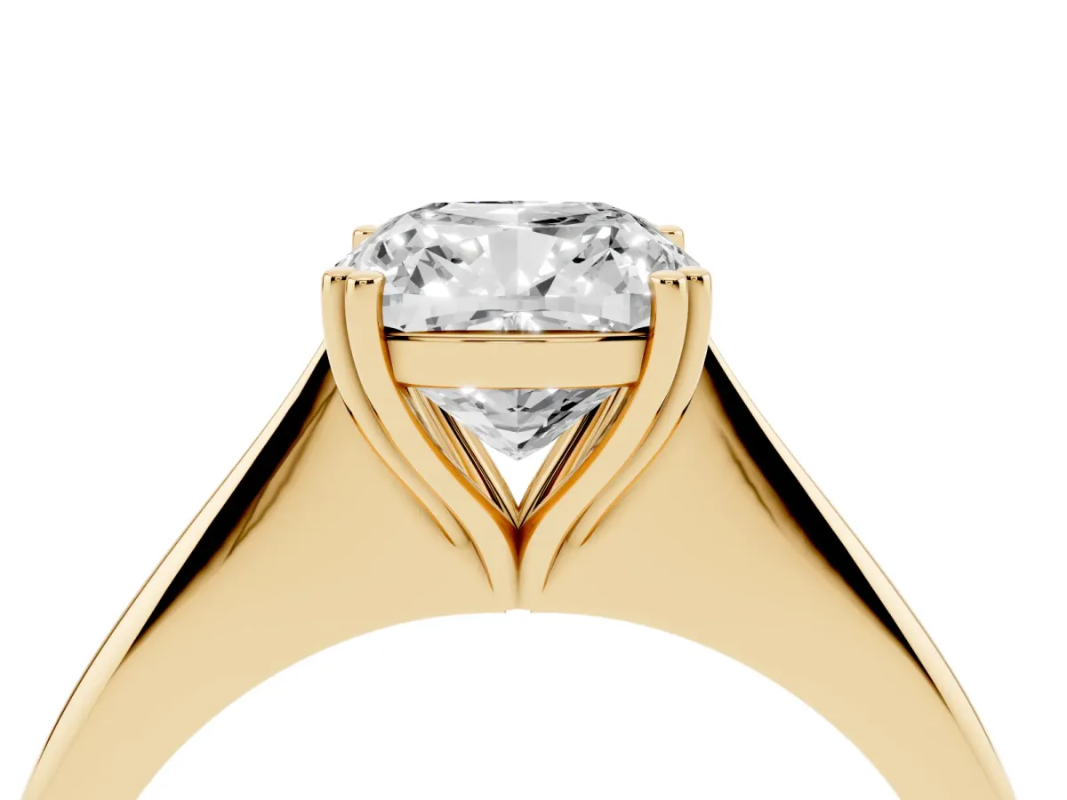 Cushion Cut Solitaire Diamond Ring with Six-Prong Setting and Classic Band Yellow gold