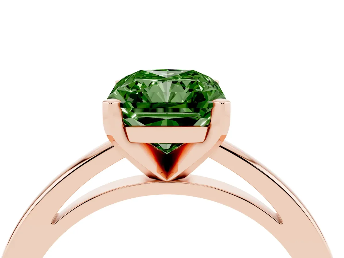 Fancy Green Radiant Cut Solitaire Diamond Engagement Ring with Four-Prong Setting on a Classic Band Rose gold