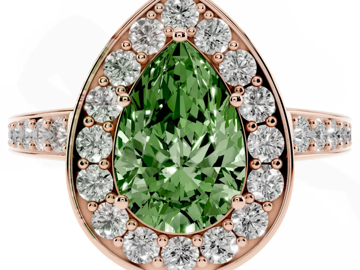 Fancy Green Pear Cut Halo Pavé Diamond Engagement Ring with Bezel Setting Rose gold
