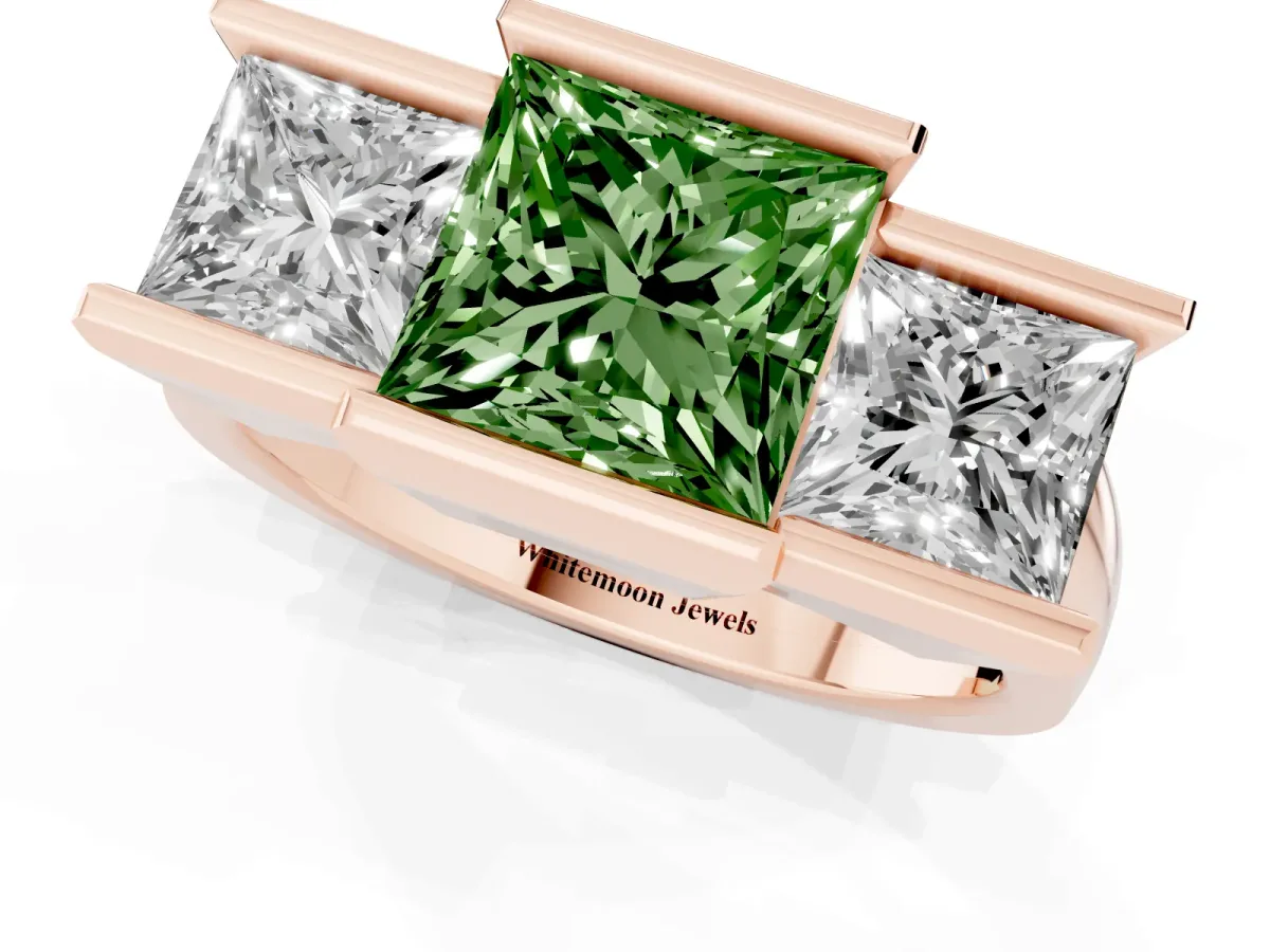 Fancy Green Three Stone Princess Cut Cut Channel Set Diamond Ring Rose gold