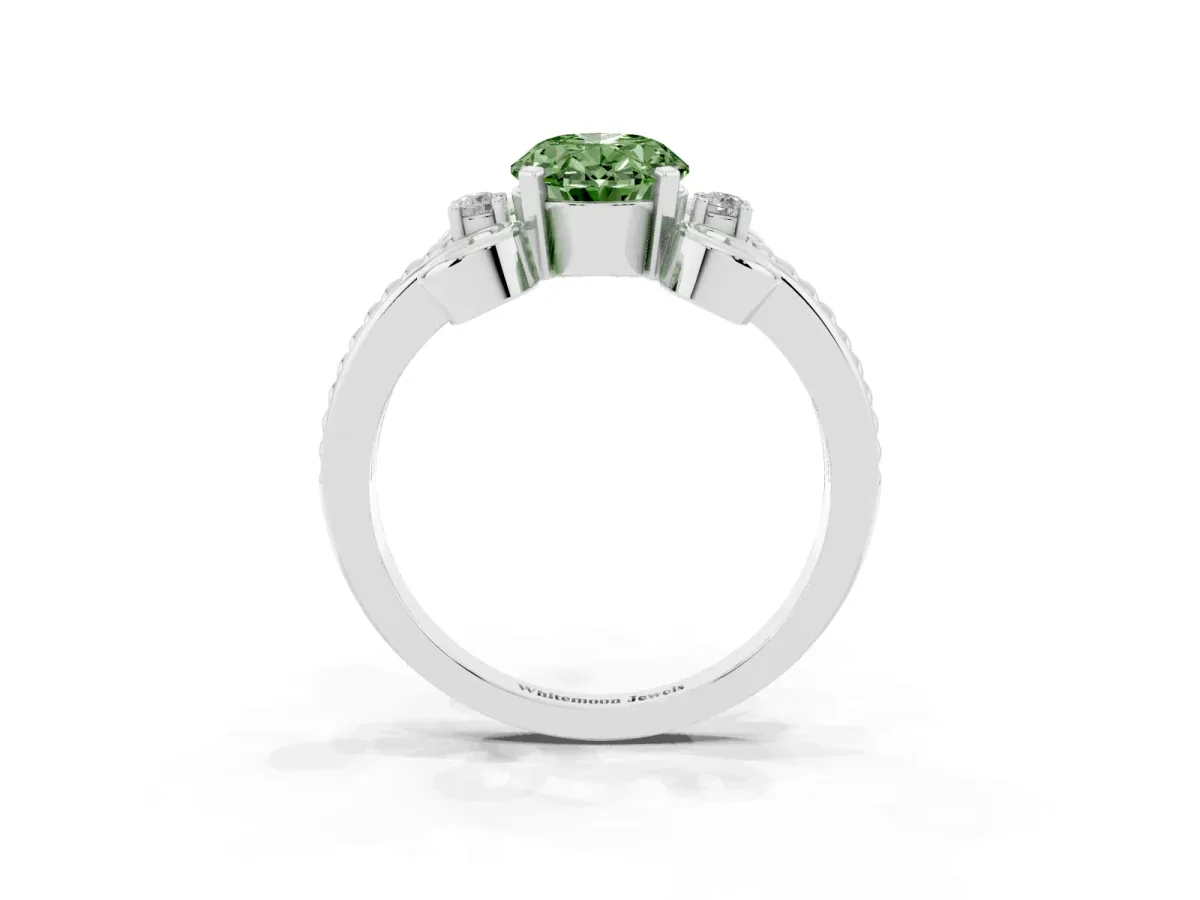 Fancy Green Oval Cut Solitaire Twisted Band Scroll Prong Ring White gold