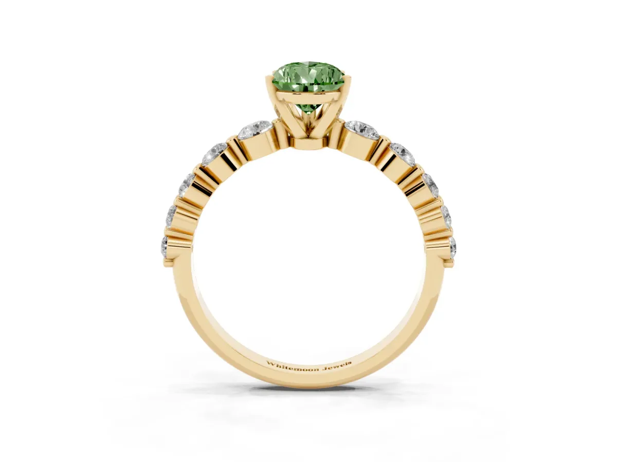 Fancy Green Pear Cut Solitaire Diamond Ring with Pave Band and Four-Prong Setting Yellow gold