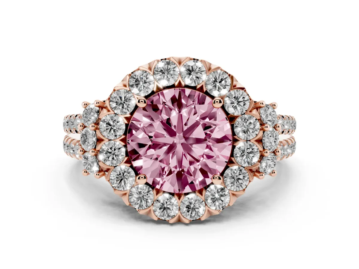 Fancy Pink Round Cut Cut Double Halo Diamond Engagement Ring with Pave Band and Four-Prong Setting Rose gold