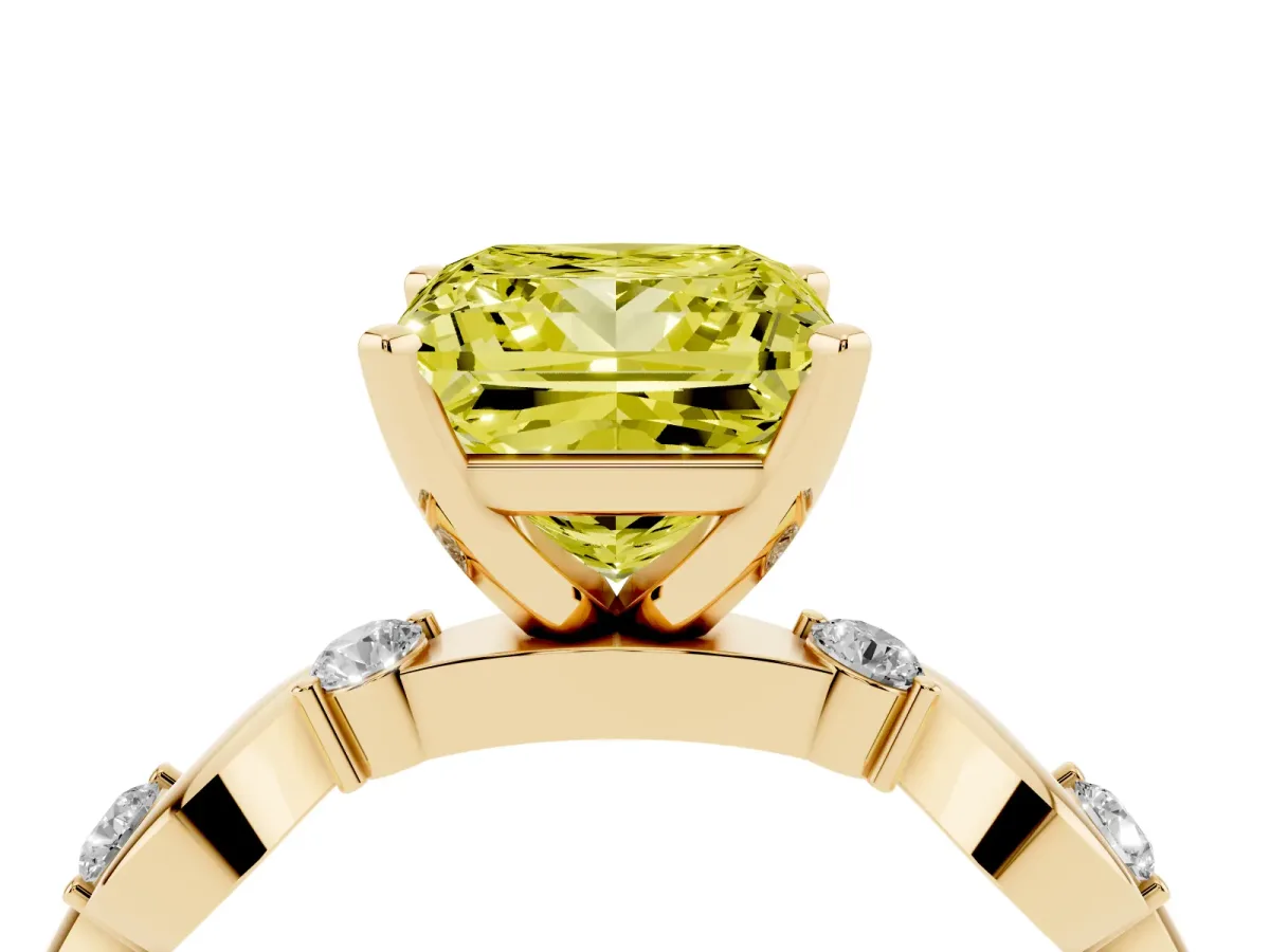 Fancy Yellow Princess Cut Diamond Solitaire Twisted Band with Round Accents and Prong Setting Yellow gold